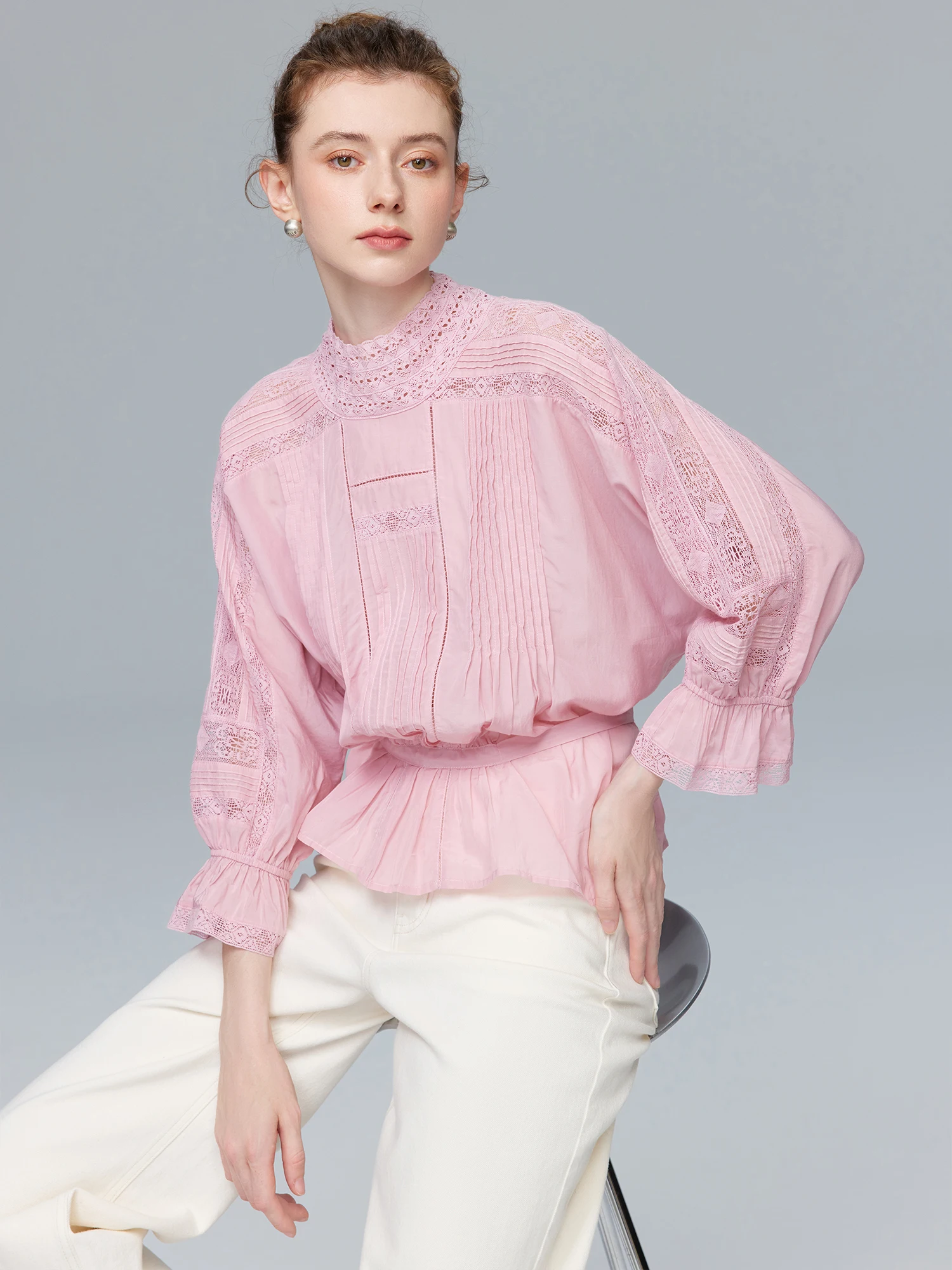 

Romantic Lace High Waist Doll irt fini Silk Thin Cotton Tie Waist Princ Sve Long Sve Stand Collar Pure Color