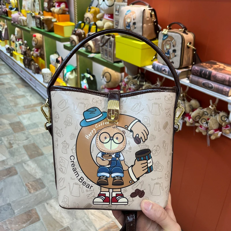 CREAM BEAR Summer Large Capacity Bucket Bag 2024Cartoon Cute Casual Fashionable Handheld One Shoulder Crossbody Bag for Women