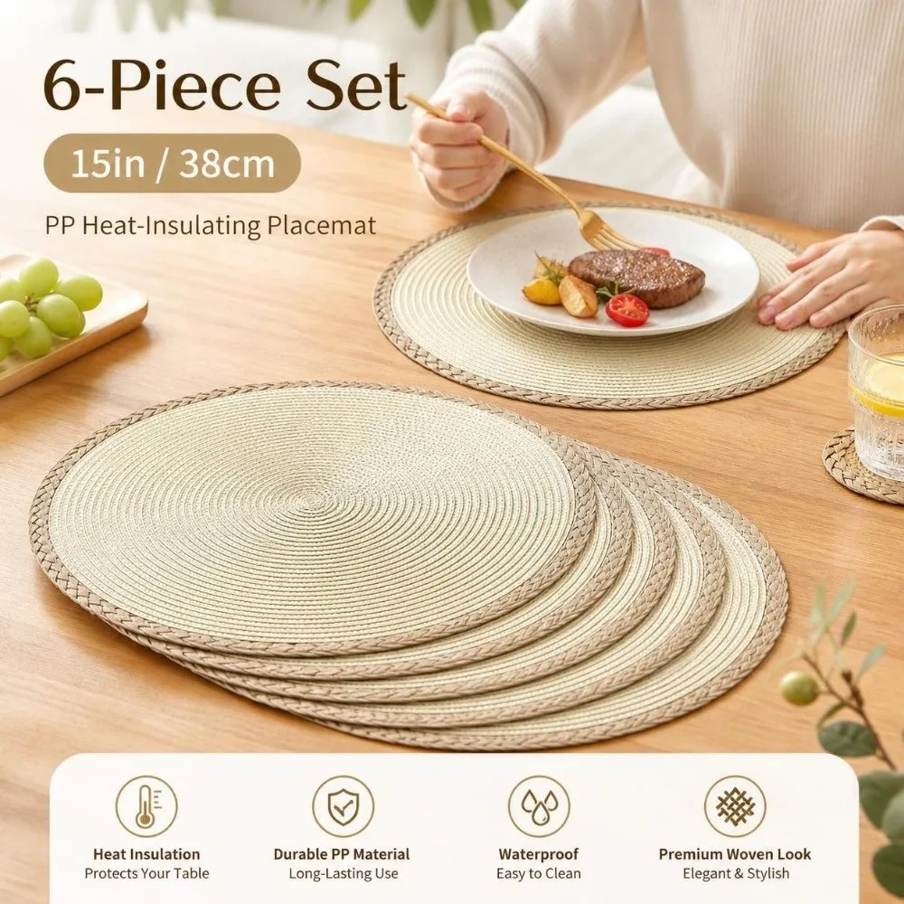 6pcs/set Bohemia Round Woven Placemats Non Slip 15in Boho Braided Table Mats Heat Resistant Washable Woven Dish Mats