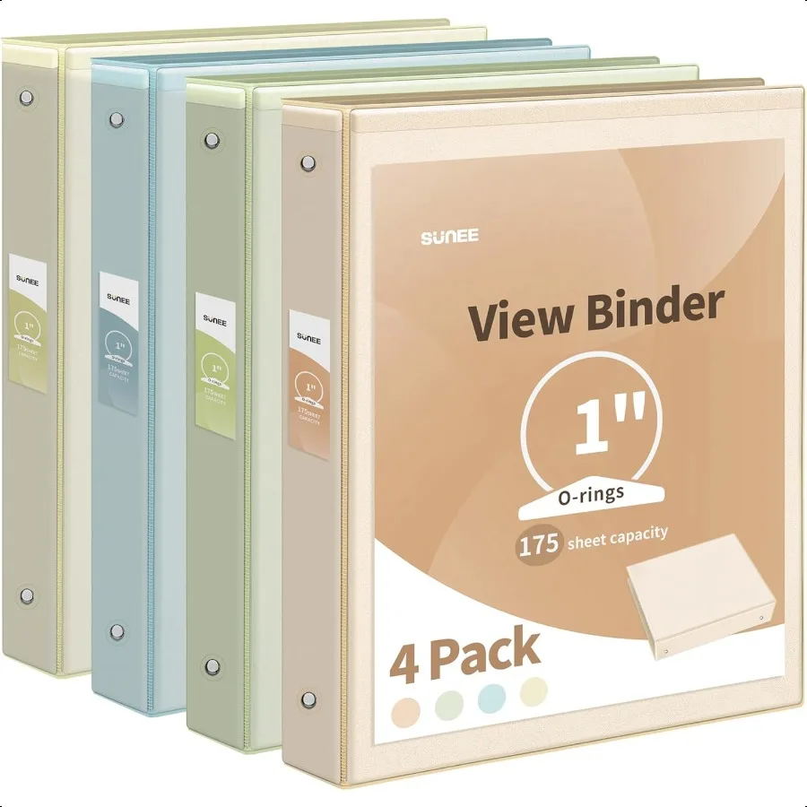 Carpeta de 3 anillas de 1 pulgada, paquete de 4 carpetas con vista transparente, tres anillas sin PVC, ajuste de 8,5x11 pulgadas para la escuela o la oficina, estética neutra
