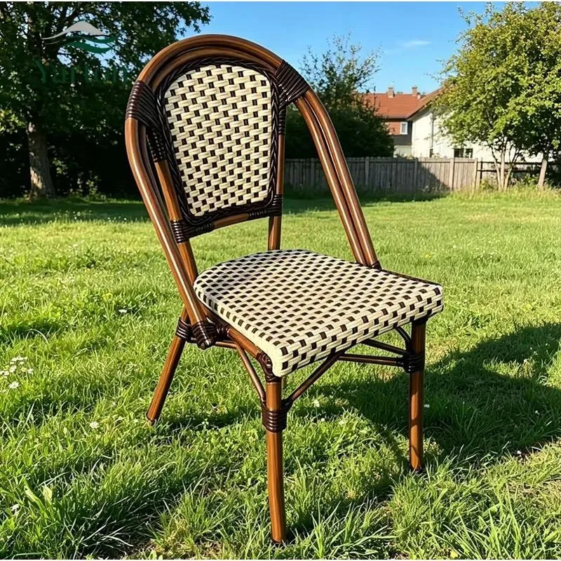 French Woven Rattan Outdoor Dining Table and Chair Set Weatherproof UV Protection for Balcony Courtyard Backyard