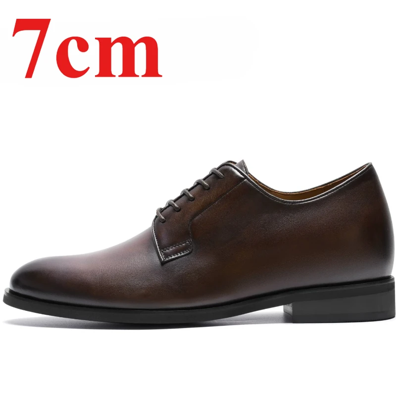 Men's Dress Shoes for Man 7cm Brown Banquet Height-increasing Derby Shoes Male Lightweight Genuine Leather Wedding Elevator Shoe