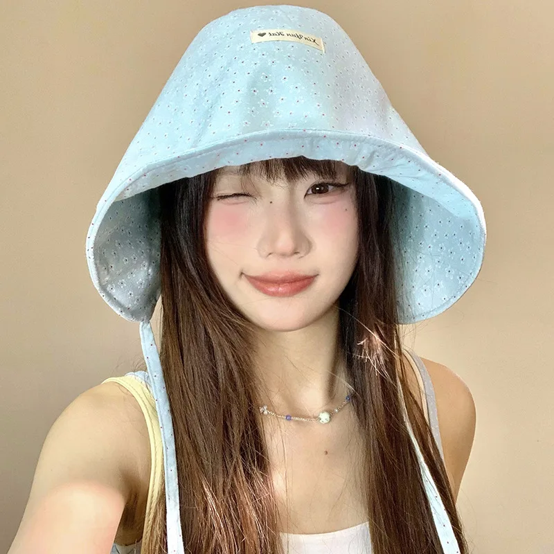 Korean Version of Sweet Little Floral Blue Bucket Hat Summer Outdoor Versatile Anti-ultraviolet Sunshade Strap Sun Cap for Women