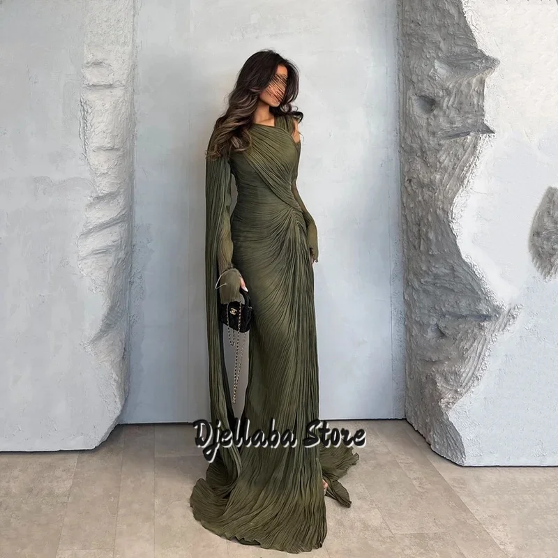 

Green Shiny Evening Dress O Neck Full Sleeves Formal Occasion Elegant Pleat Arabic Prom Gowns Customized
