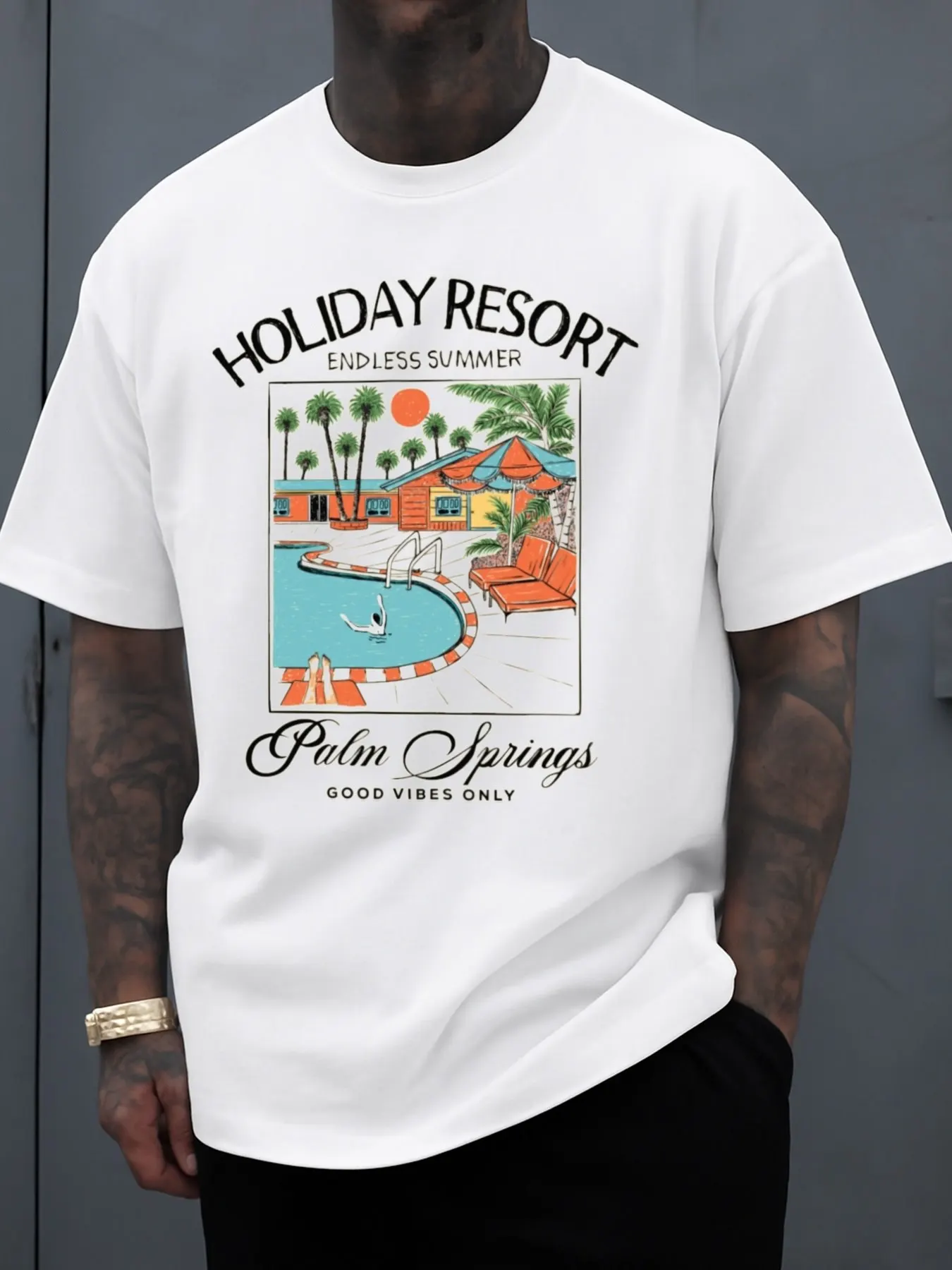 Men's Endless Summer Palm Springs Atmosphere Graphic T-Shirt, White, Fun, Limited Edition, Fashionable, Machine Washable, Comfortable Loose Fit, Crew Neck, Short Sleeves, Casual Style, Suitable for Outdoor Wear in All Seasons, Perfect for Weekend Leisure and Everyday Wear