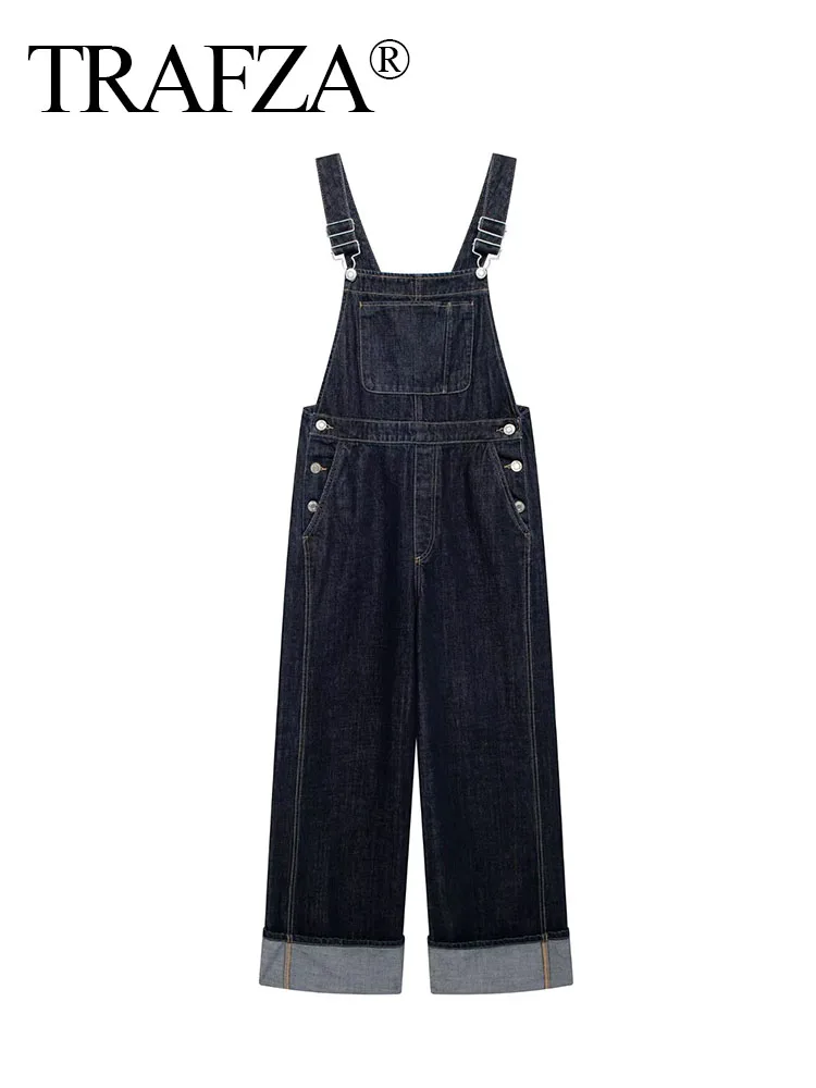 ​​TRAFZA Women Elegant Jumpsuit Solid Blue Sleeveless Backless Pockets Button Summer Women's Sling Long Denim Overalls Mujer