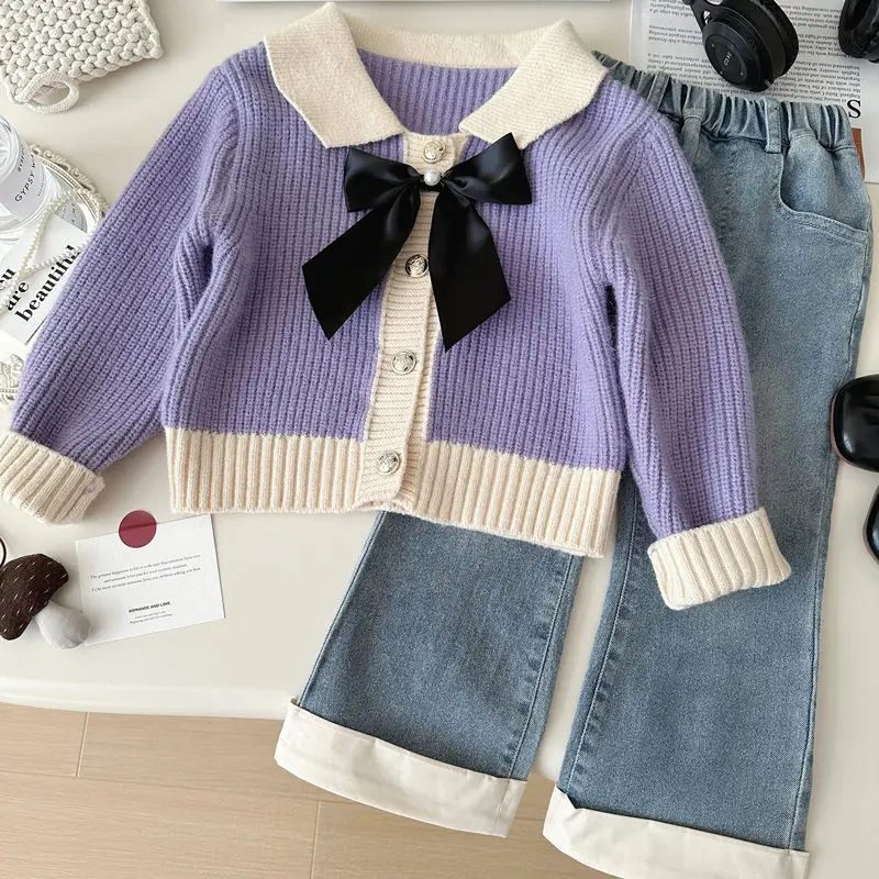 

Girl Two Piece Set 2024 New Spring Autumn Bow Sweater Knitting Cardigan Jeans Casual Simple Fashion Sweet Korean Active Vintage