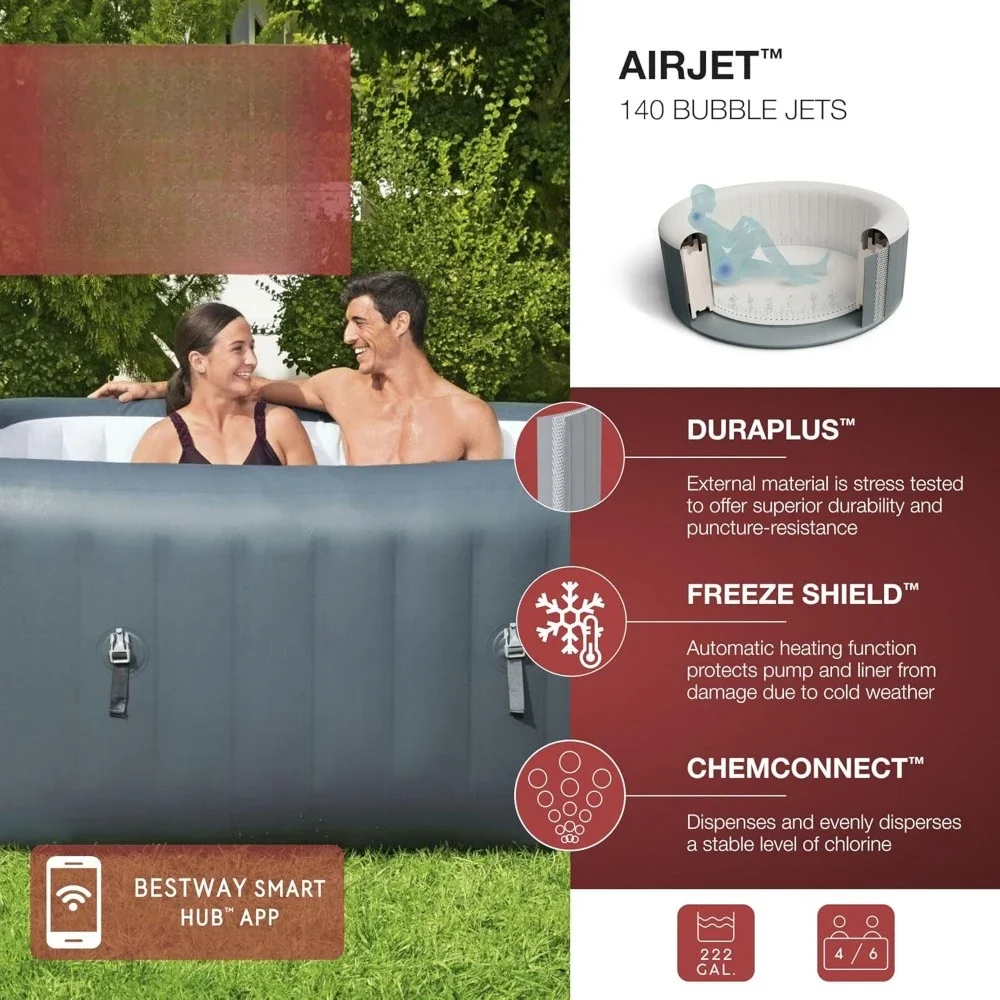 Large Square 4 To 6 Person Inflatable Hot Tub Portable Outdoor Spa with 140 AirJets and Cover, Bathtubs