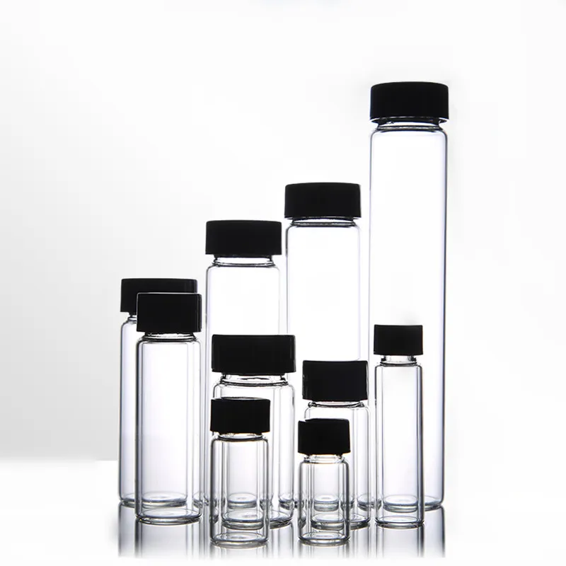 20pcs/pack 3ml to 60ml Clear Glass sample bottles with black plastic screw cap, essential oil bottle for lab use