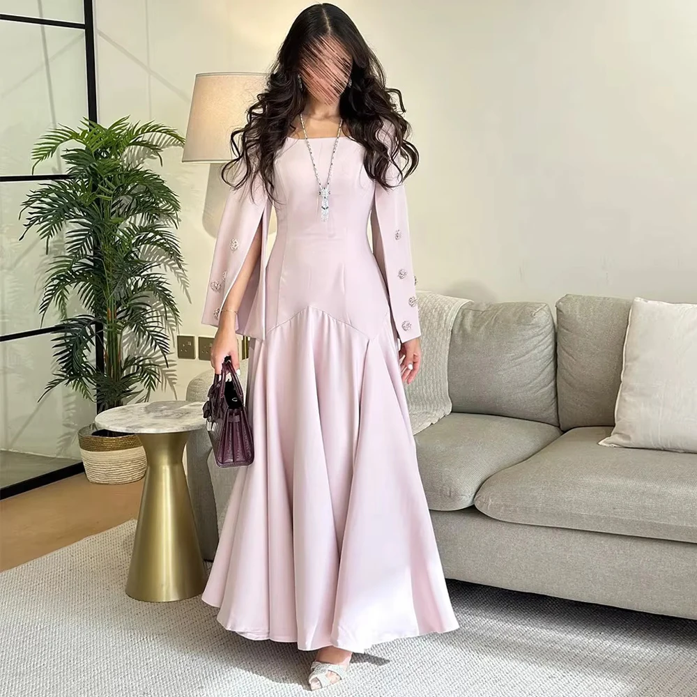

Elegant Pink A-Line Jersey Evening Dress Simple Square Neck Long Sleeves Customized Homecoming Dresses Crystal Celebrity Gowns