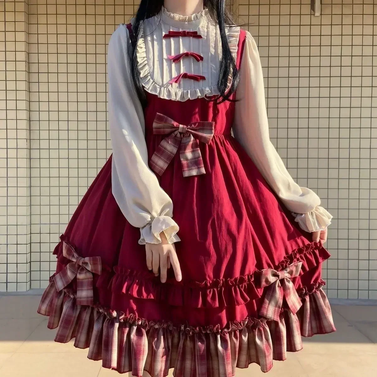 Chapeuzinho vermelho original Lolita vestido de manga comprida para meninas, OP bonito arco, ano novo, verão e outono