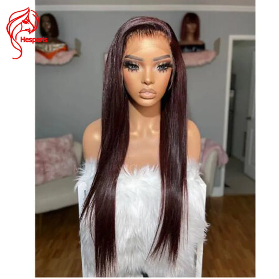 Hesperis Silk Straight Glueless Lace Front Wig Pre Plcked With Baby Hair Dark Burgundy 13x6 Lace Front Human Hair Wigs For Women