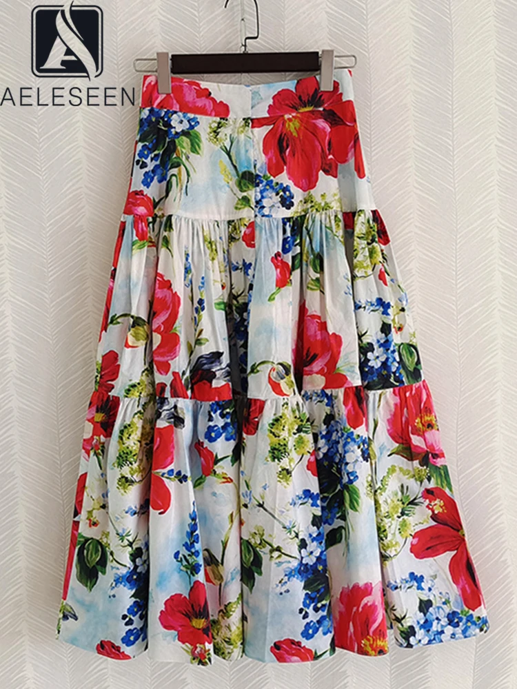 

AELESEEN 2022 Summer Runway New Bohemian 100% Cotton Skirt Women Red Floral Print High Waist Elegant Holiday Long Sicilian