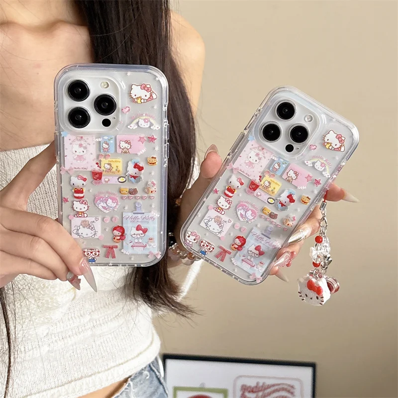 

Cute cartoon illustration Hello Kitty Bling Glitte Phone Case For iPhone 13 14 15 16 Pro Max Love Star Bear Kitty Glitte Cover