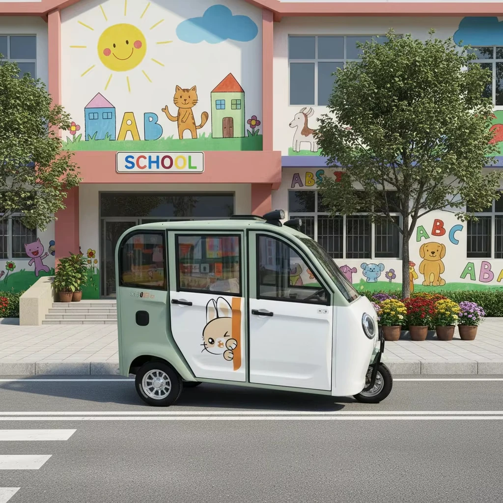 800W Electric Leisure Tricycle 3 Wheel Closed Body 4 Passengers with Colorful Canopy for Hotel Guest Shuttle Service