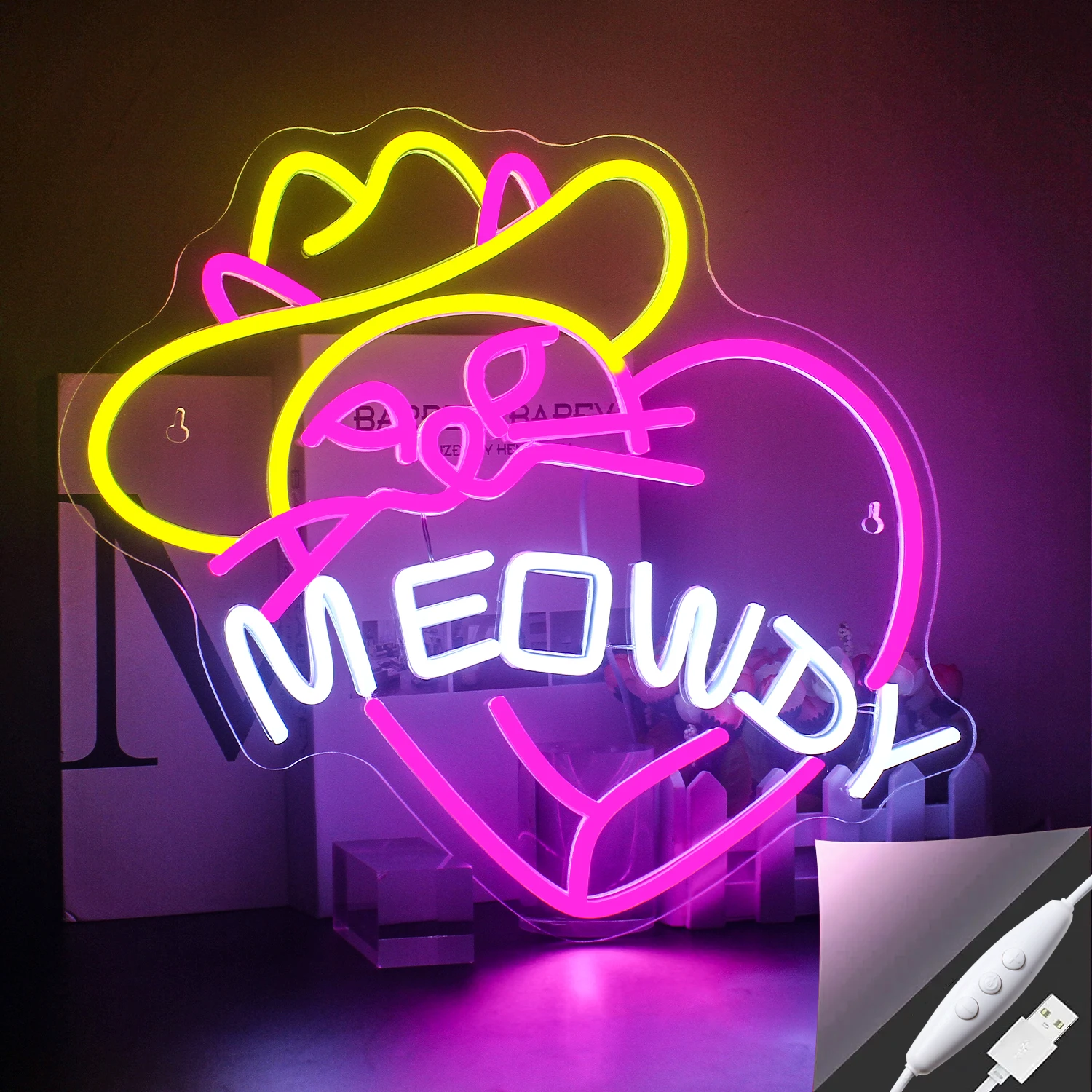 Cowboy Cat Neon Light Pink LED Dimming Neon Light for Wall Decor USB Bedroom Game Room Children's Room Bar Party Shop Gifts