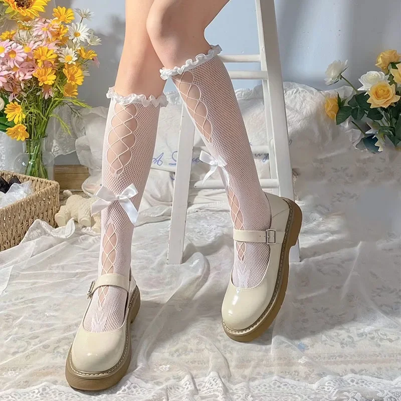 Sweet Cute Girls Bow Hollow Long Socks Japanese Fishnet Tide Lace Calf High Stockings Silk with Bow Cross Ties Thin Socks