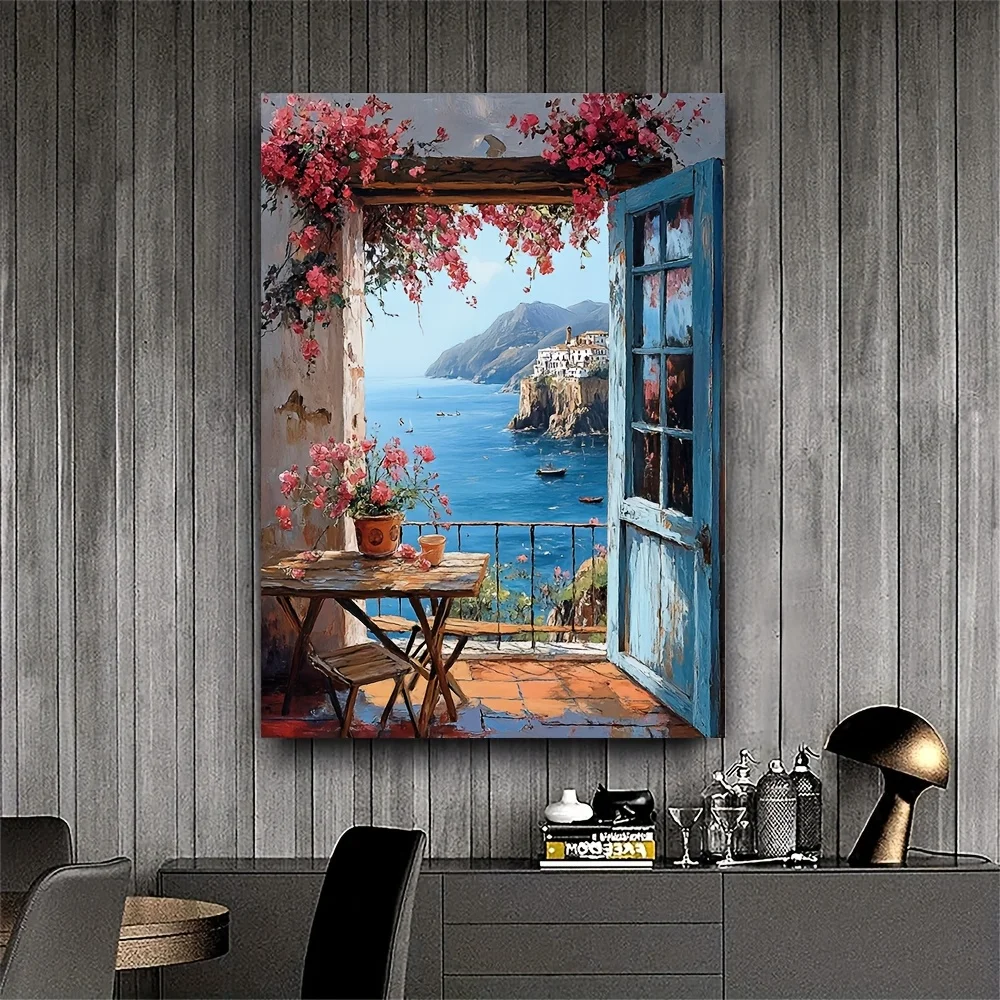 Mediterranean Window View Canvas Art - Amalfi Coast & Tuscan Landscape Painting, for Coastal Home Accent, Frameless, Office, It