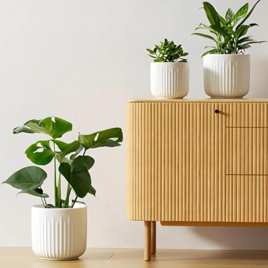 

Fluted Ceramic Planters 8.3/7/6 Inch Indoor Pots for Plants with Drainage Holes Mesh Modern Matte Glaze Cylinder Plant Pot for