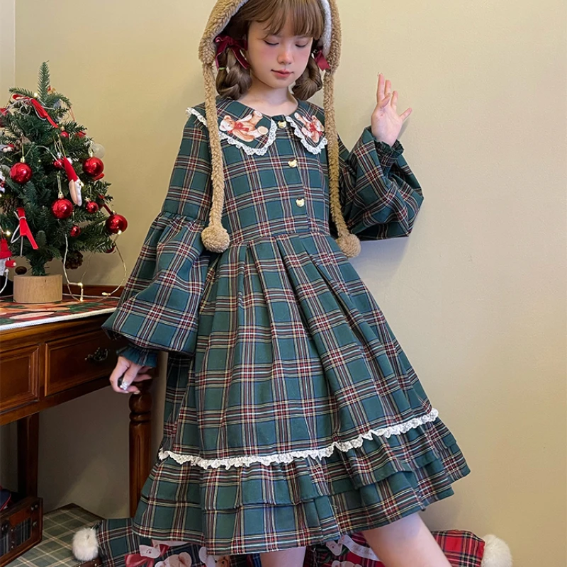 Japanese Kawaii Christmas Lolita Dress Women Sweet Peter Pan Collar Lace Plaid Princess Dresses Girl High Waist Slim Party Dress