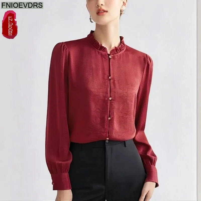 

Office Shirts Basic Wear 2025 Autumn Women Long Sleeve Elegant Fashion Work Lady Solid Red Retro Vintage Stand Collar Blouses