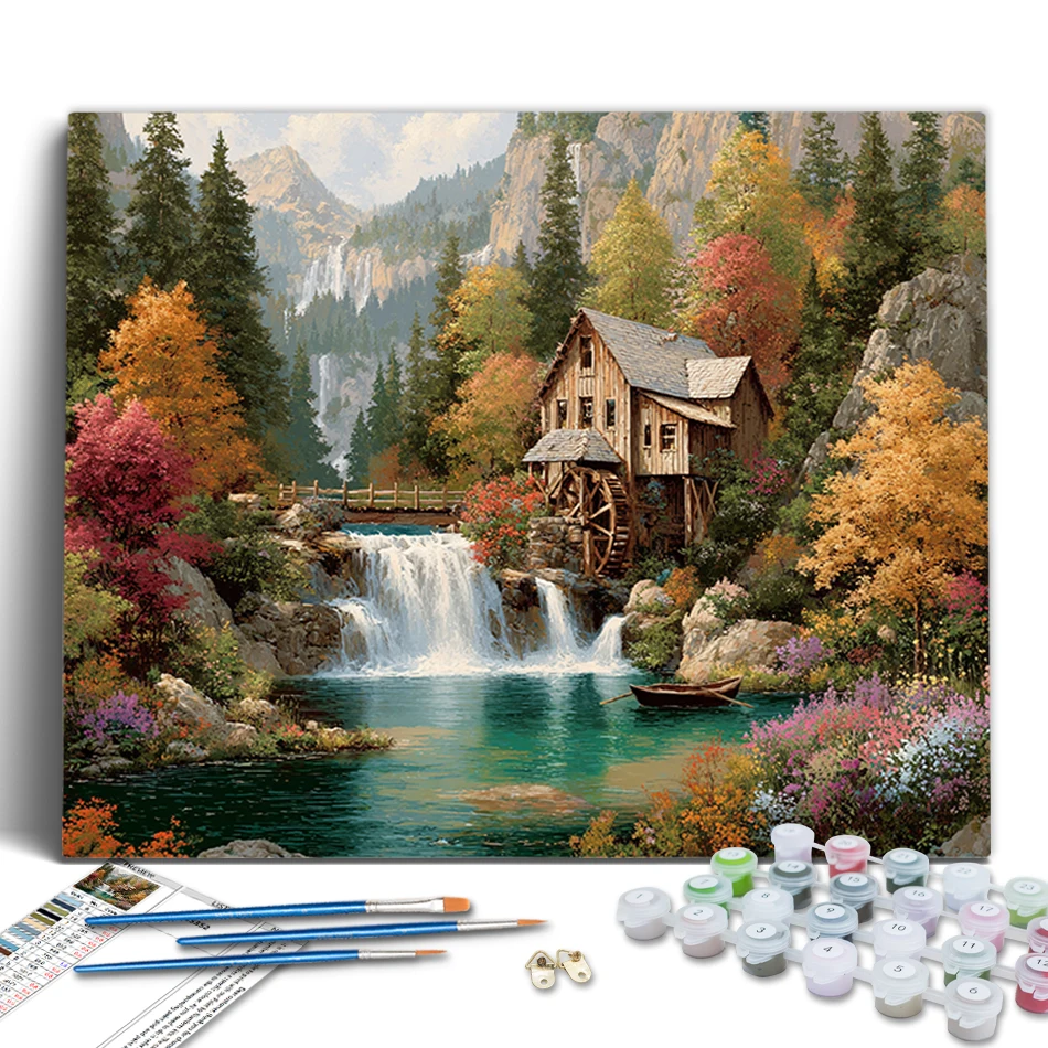 

RUOPOTY Paint By Numbers Landscape Forest Waterfall Wooden House Paintings On Number Framed Wall Art Modern Picture Drawing Kits