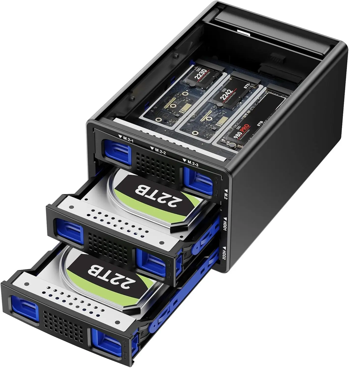 

Hybrid 2*2.5/3.5" SATA HDD/SSD+3*M.2 NVMe Enclosure with Cooling Fan, USB A/C 3.2 Gen 2, Supports Up to 68TB Storage