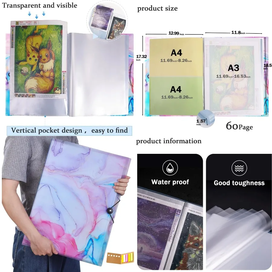 

Чехол Qunrwe A3 Art Portfolios, 60 страниц, книга для хранения мраморной синей алмазной живописи, 11,8 x 16,5 дюймов, карманная защита с индексом S