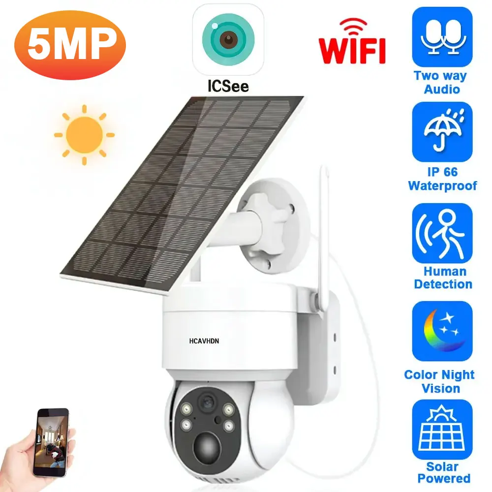 

5MP WIFI Solar Camera Built-in Battery Wireless IP Camera Outdoor PIR Detection Security PTZ Cam Waterproof Surveillance iCSee