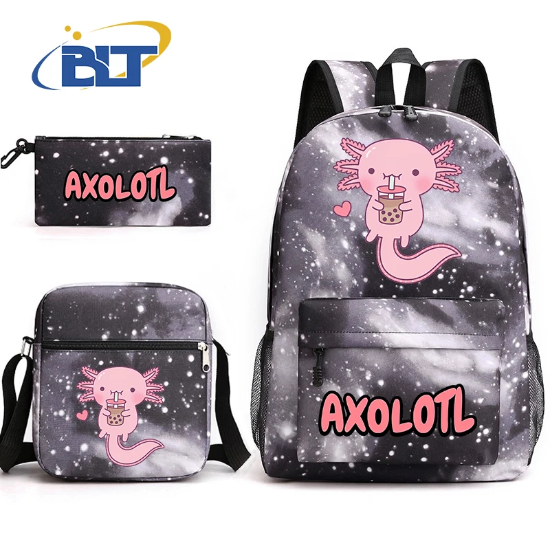 Axolotl cartoon print kids school bag set youth backpack shoulder bag pencil case 3-piece set children's gift