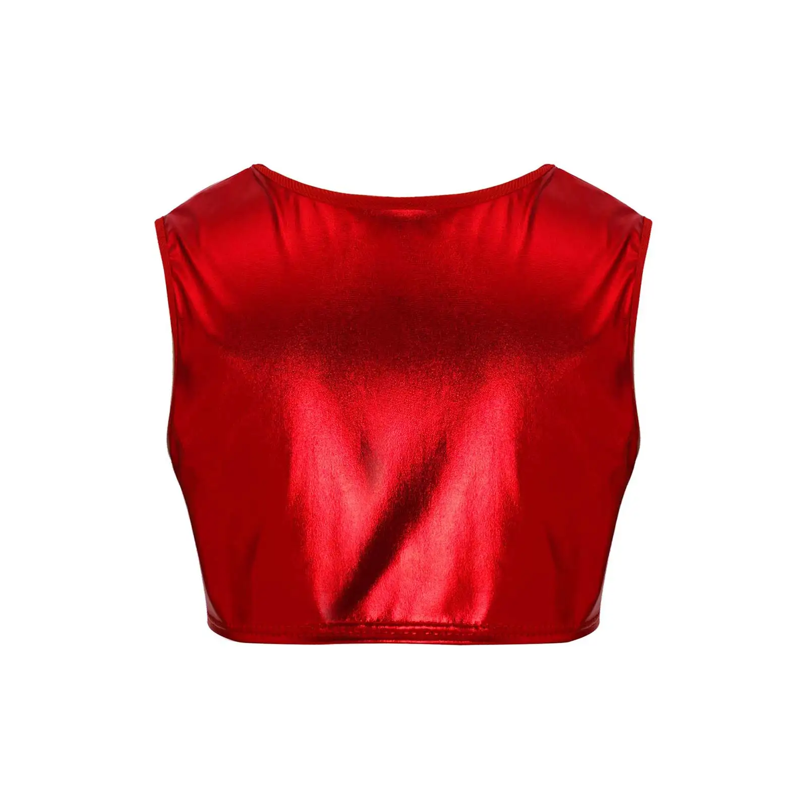 Kids Girls Shiny Metallic Sleeveless Round Neckline Crop Top Vest Ballet Jazz Modern Dance Stage Performance Costume Dancewear