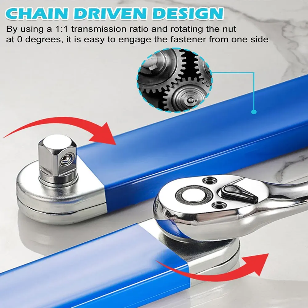 

Multi-purpose extension wrench set with 1/2", 1/4", and 3/8" square drive adapters for heavy-duty repairs.