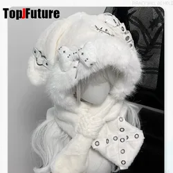 Women  Japanese Harajuku Y2K Girls lace Hat Gothic rabbit ear Winter Warm Knitted fluffy bone hat keep warm scarf Beanie Hat
