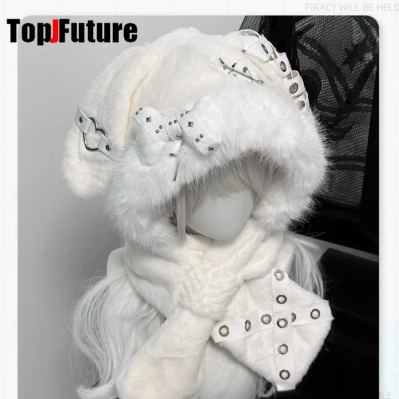 Kobiety Japoński Harajuku Y2K Dziewczęcy koronkowy kapelusz Gotyckie ucho królika Zimowa ciepła dzianinowa puszysta czapka kostna utrzymuj ciepło szalik Czapka beanie