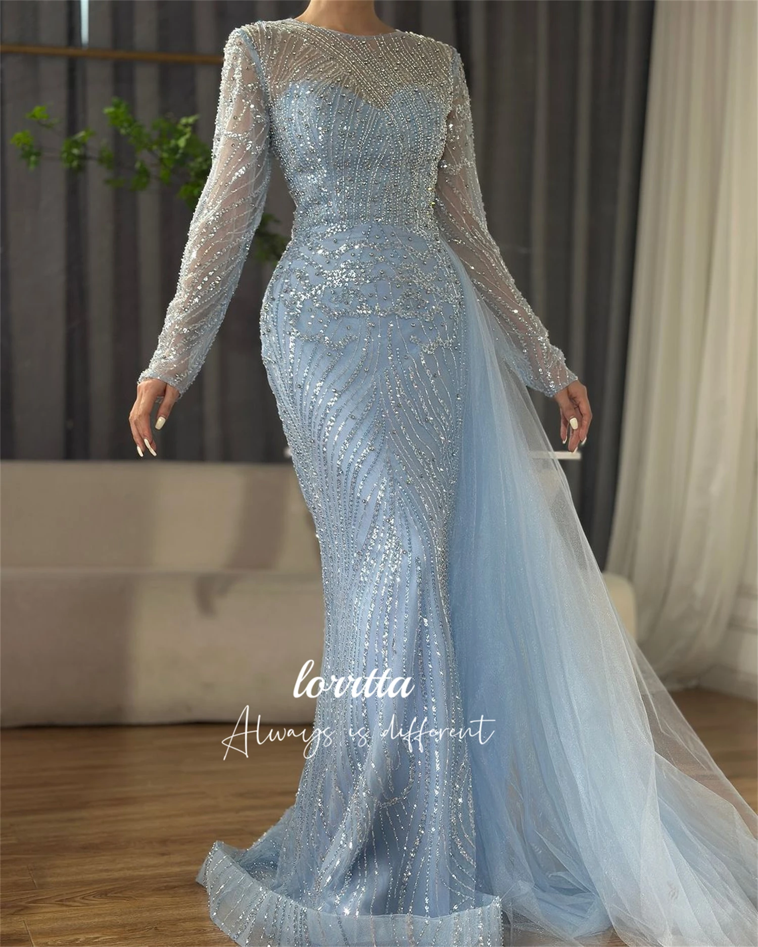 Loretta Lange mouwen Kralenborduurstof Avondjurk Luxe Fishtail Cut Jurken Gala Robes De Cocktail Party Aangepast