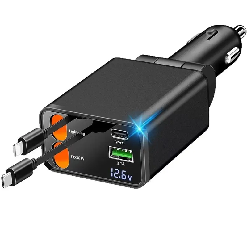 

Круглосуточная доставка. Выдвижной автомобильный адаптер USB-C 120 Вт 4-в-1 для быстрой зарядки от прикуривателя.