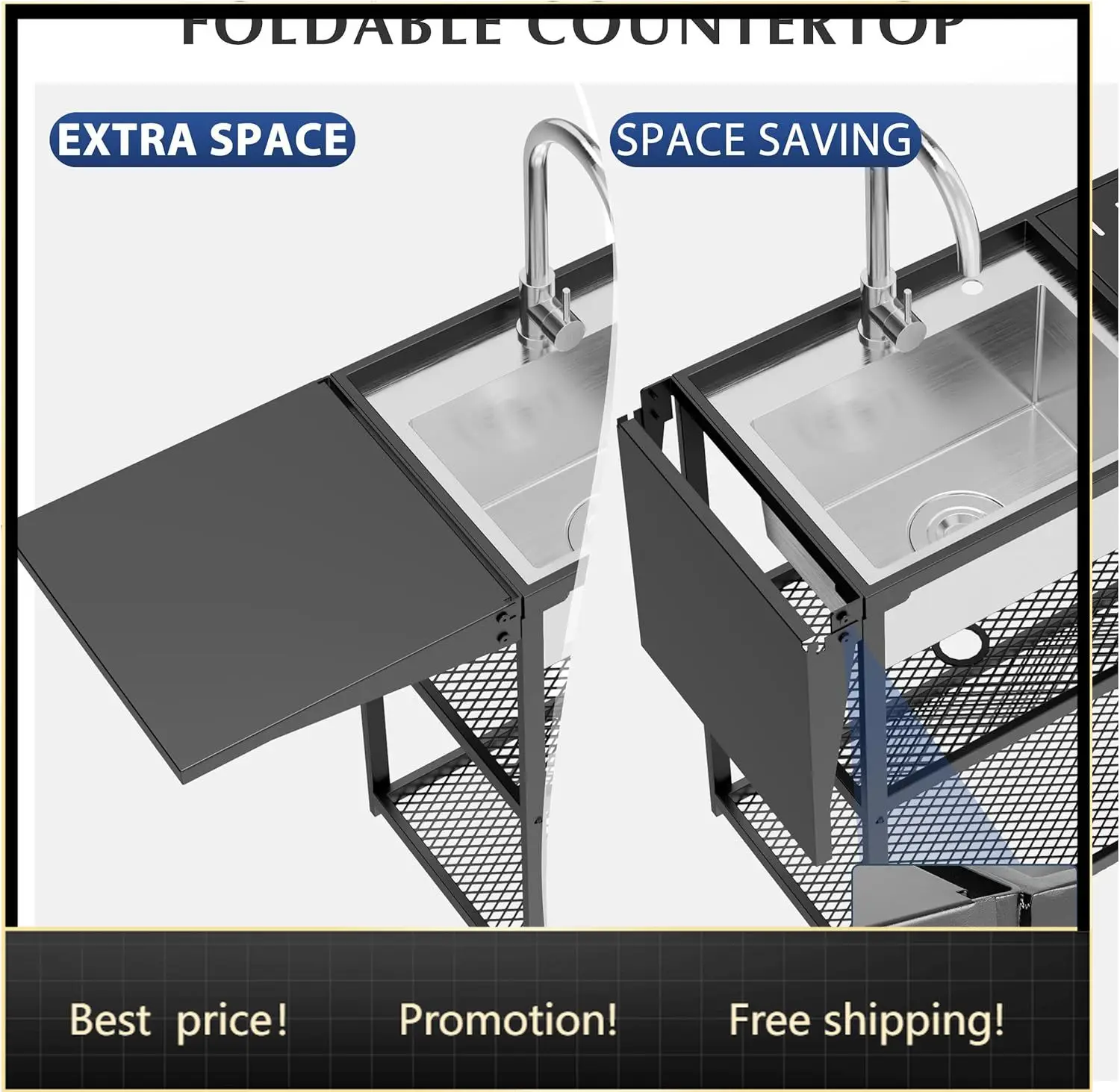 

47" Freestanding Kitchen Utility Sink with Stainless Steel Single Bowl, Foldable Countertop and Cold & Hot Water Faucet for Farm