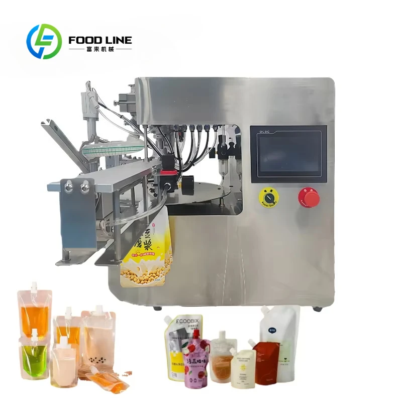 Customized  Stainless Steel Automatic Rotary Spout Pouch Filling Capping Machine for 500ml Milk Juice Sauce Viscous Liquid