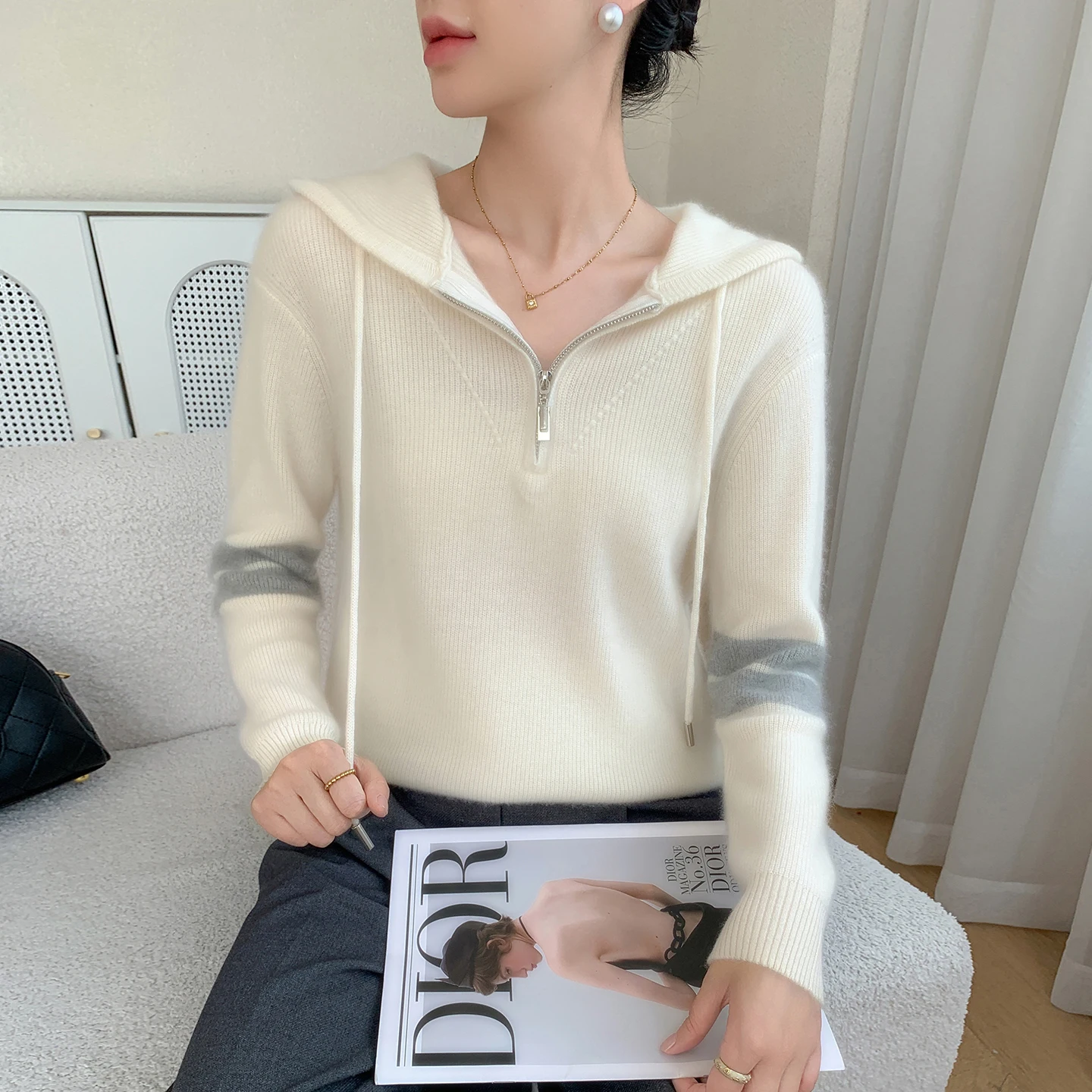 

Женский пуловер из 100% чистого кашемира, утолщенный повседневный свитер с цветными блоками, вязаный комбинированный воротник с капюшоном, утолщенный джемпер