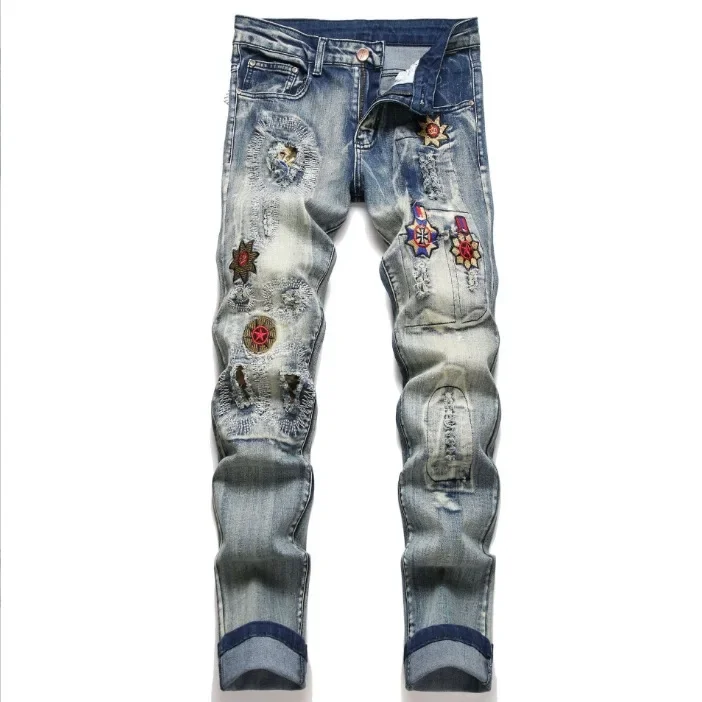 European and American Fashion Men's Slim-fit Stretch Skinny Denim Long Pants with Ripped Details and Embroidered Patches.