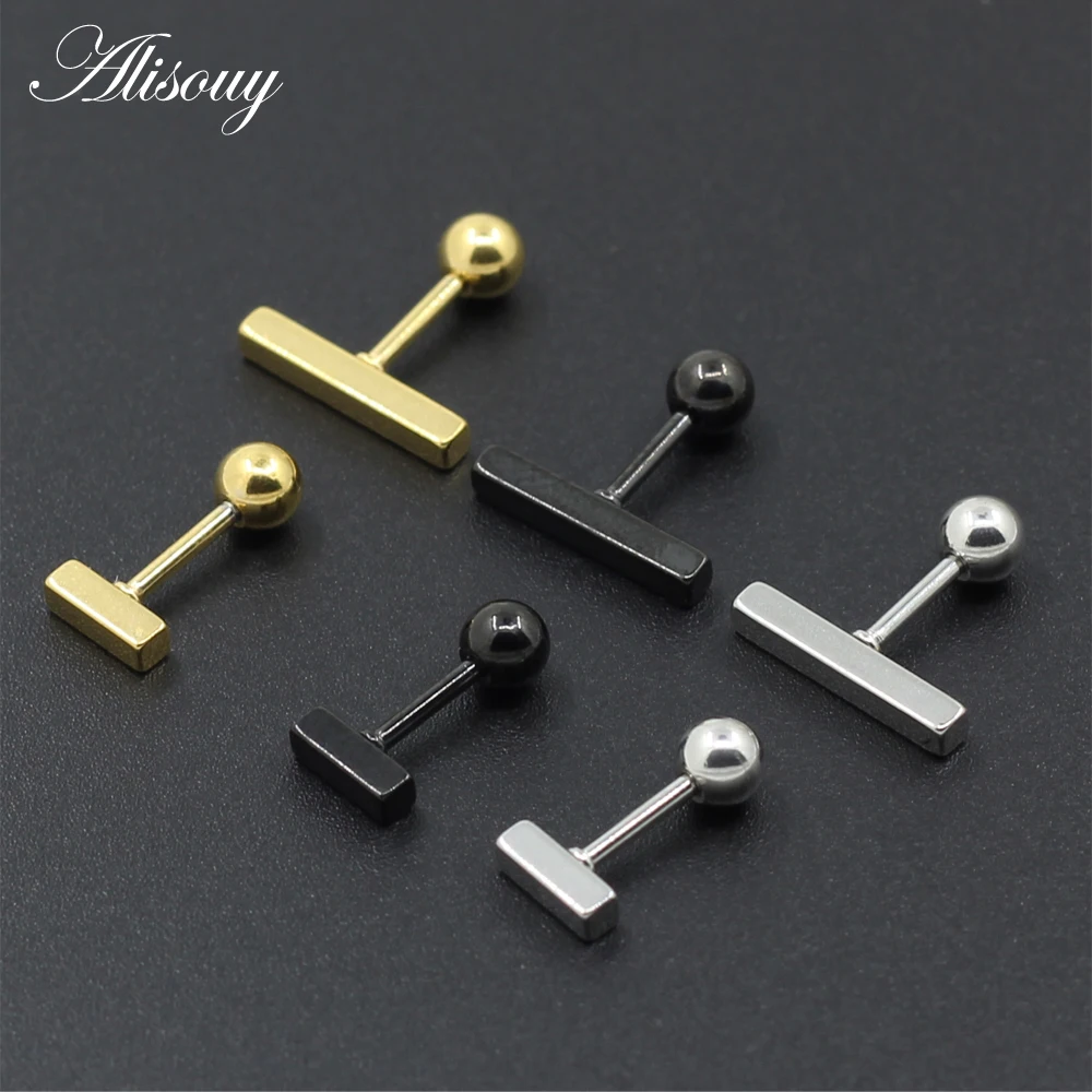 Alisouy 2pc Stainless Steel Simple 6/8/10/12/14mm Square Bar Earrings for Women Rose Gold Color Geometric Stud Earrings Jewelry