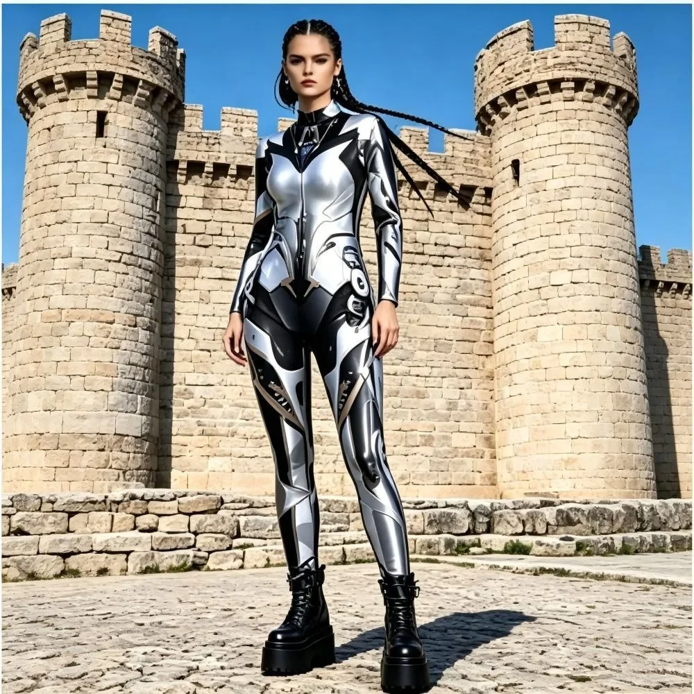 Women's Sexy Robot Punk Cyberpunk Jumpsuit Catsuit Cosplay Costume Skeleton Steampunk Zentai Bodysuit for Halloween - view 2