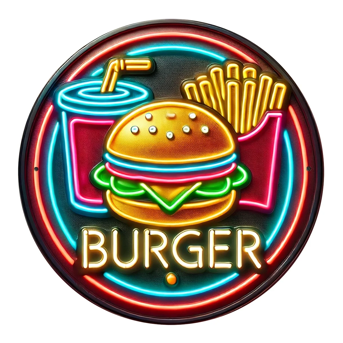 CIFBUY Retro Neon Burger Sign Aluminum Wall Art Waterproof Fade Resistant Durable Metal Decor for Home Cafe Garage Man Cave