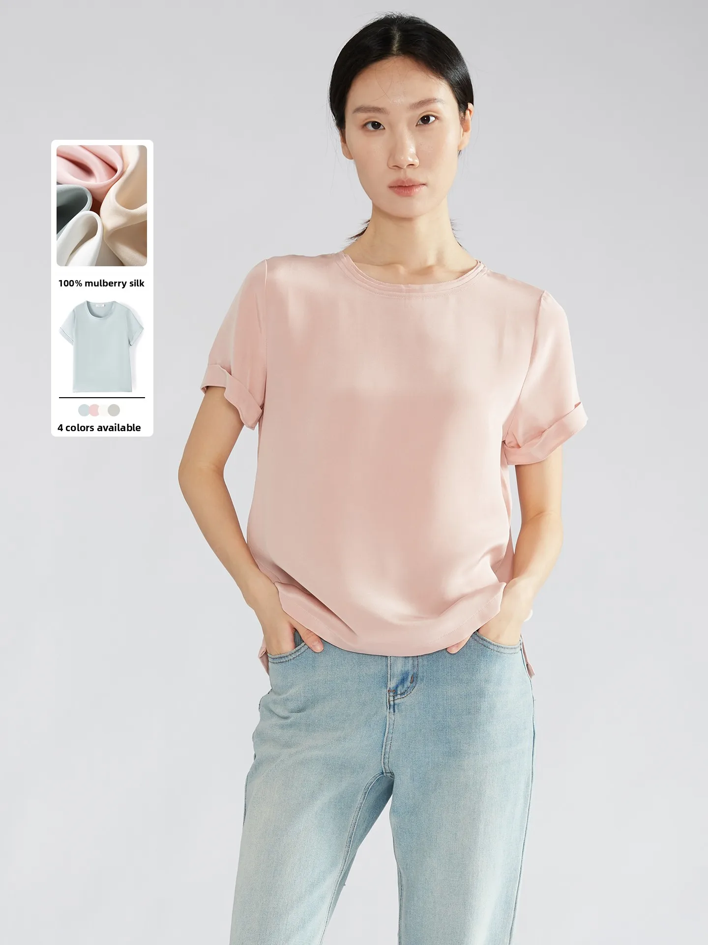 

thque Silk ort Sve T-irt Women's round Ne Casual Loose Fit Classic Pattern 00% Silk 30 Momme Summer Top