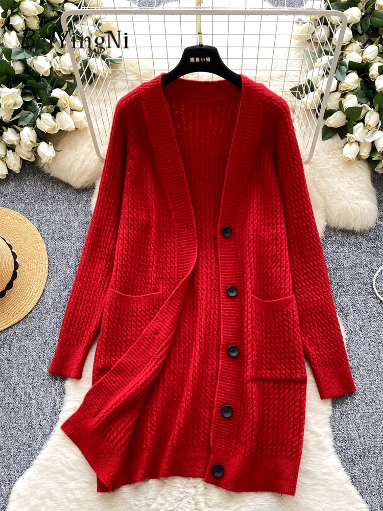 Beiyingni أنثى طويلة بالأزرار 2025 خريف شتاء واحدة الصدر معاطف طويلة المرأة عادي تريكو فضفاض أبلى معطف شتاء