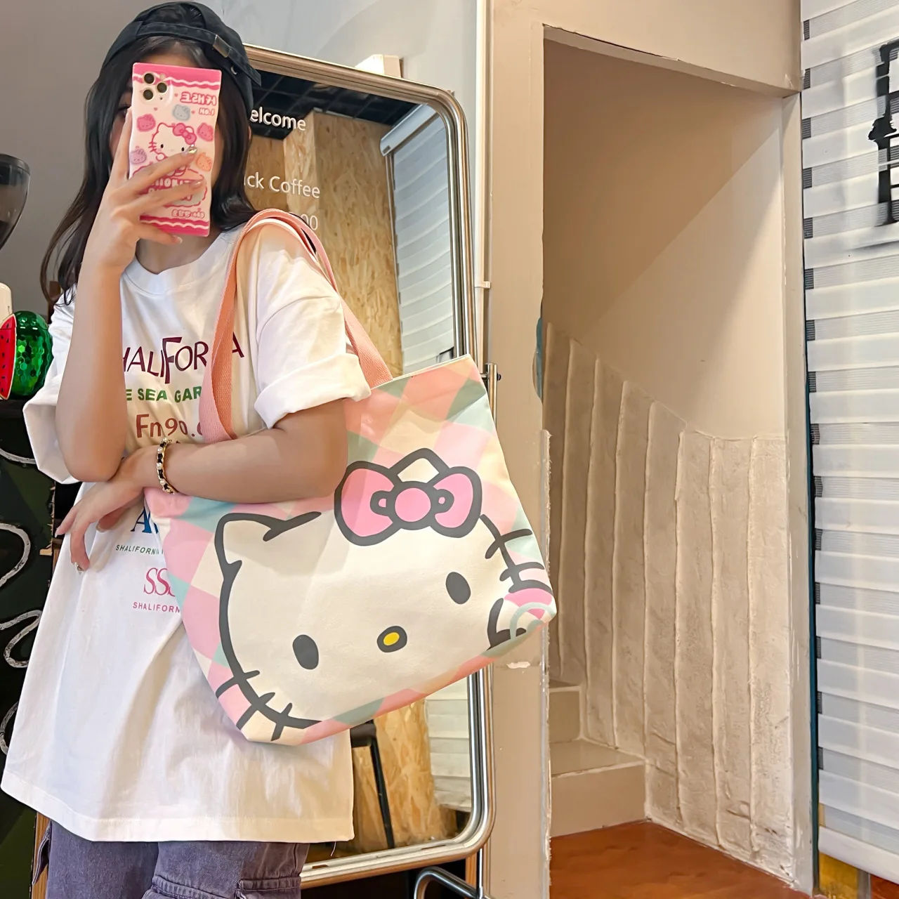 2pcs Kawaii Hello Kitty Canvas Tote Bag For Women Zipper Large Capacity Shoulder Bag Kuromi Cartoon Handbag Ladies Books Bag