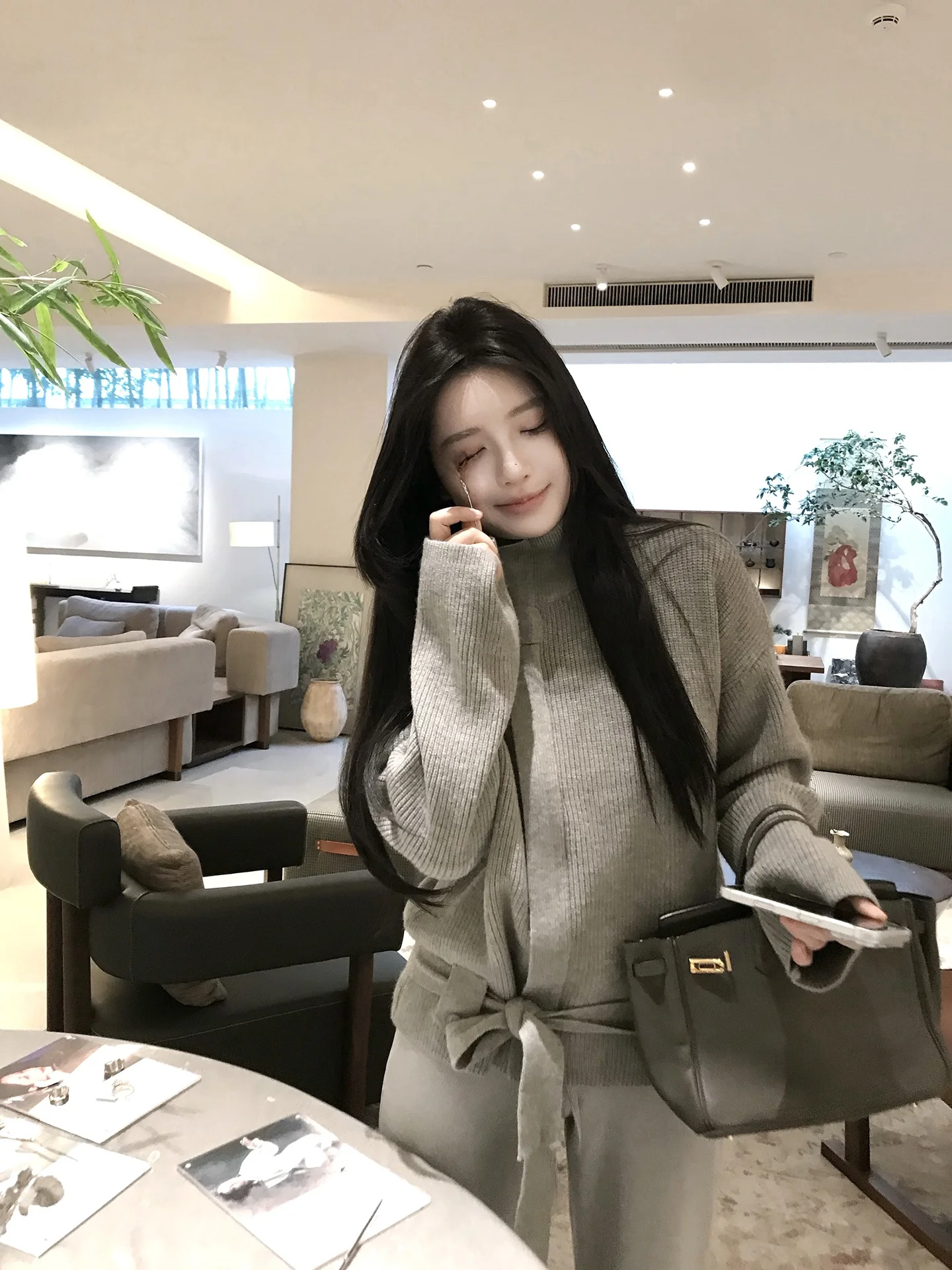 

Autumn High Collar Six Woolen Zipper Open Cardigan Women's Casual Knitted Sweater Belted Waist Design Comfortable Long Sve