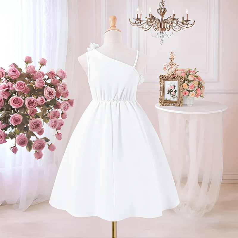 Frühlings- und Sommerkleid für Damen und Kinder, lässig-elegant, mit einem Schulterträger, dreidimensionaler Blume und flauschigem Design. – Detail 3