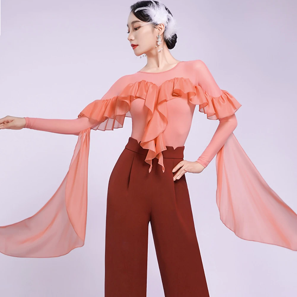 Haut de pratique de danse moderne pour salle de bal, Roland violet, manches longues, ruban élégant noir, ruban à volants, haut de valse, nouvelle collection