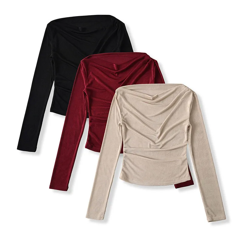 HKSH Autunno Nuove Donne Alla Moda T-Shirt Manica Lunga Pieghettato di Colore Solido Slim Fit Temperamento High Street Elegante Basic Magliette E Camicette HK10553